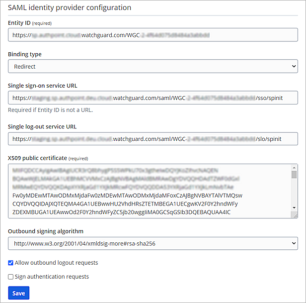 Screenshot of SAML identity provider configuration.